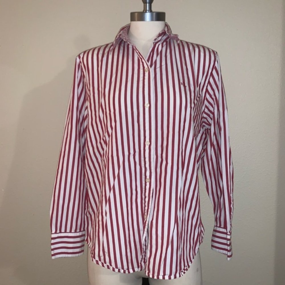 LRL Vintage Style Red White Stripe Button Down Top